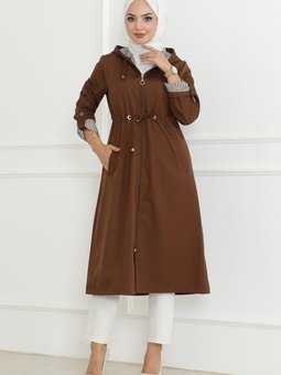 Taba Kapüşonlu Fermuarlı Trençkot