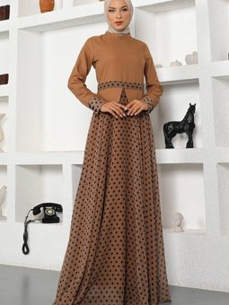 Taba Puantiyeli Şifon Abiye Elbise