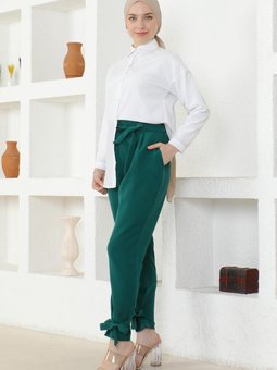 Zümrüt Yeşili Kuşaklı Pantolon
