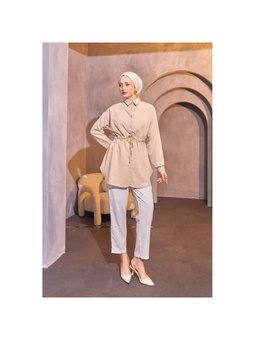 Bej Belden Cekmeli Keten Tunik