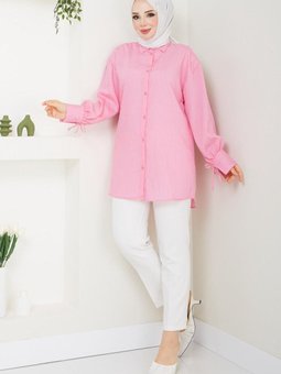 Pembe Kendinden Çizgili Tunik