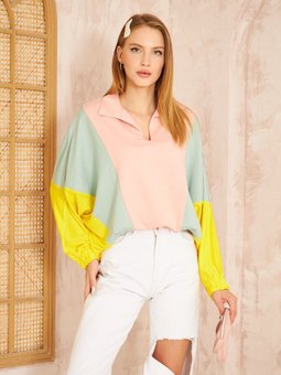 Pudra Polo Yaka Yarasa / Lastikli Manşet Kol Salaş Bluz Yeşil Sarı Sweatshirt