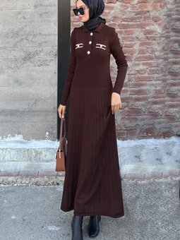 Kahve Kamel Dügmeli Fitilli Elbise