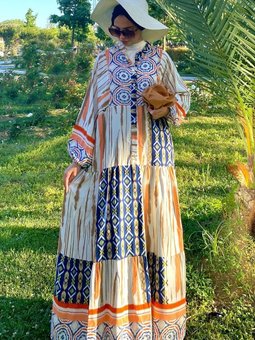 Lacivert Ekru Oversize Yazlık Viskon Elbise