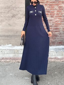 Lacivert Kamel Dügmeli Fitilli Elbise