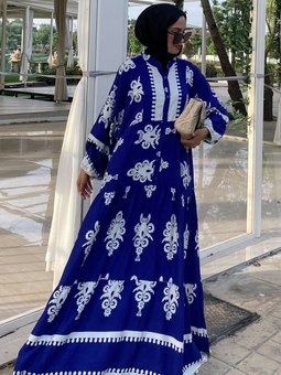 Saks Mavisi Ekru Etnik Desen Premium Kumaş Desenli Viskon Elbise