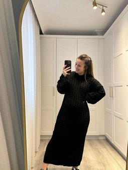 Siyah Bisiklet Yaka Saç Örgülü Uzun Triko Elbise