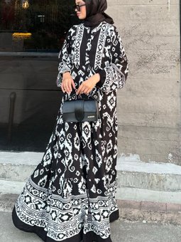 Siyah Etnik Desenli Viskon Elbise