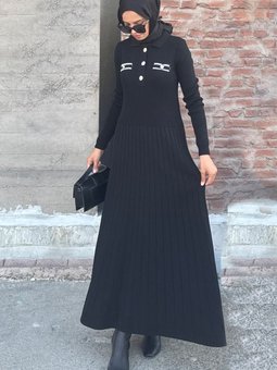 Siyah Kamel Dügmeli Fitilli Elbise