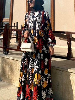 Siyah Kırmızı Desenli Viskon Elbise