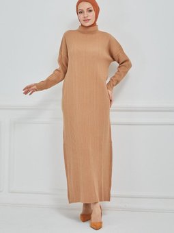 Taba Oversize Bol Kesim Yarım Balikç Yaka Fitilli Triko Elbise