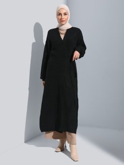 Bağlama Detaylı Uzun Triko Hırka Siyah