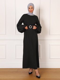 Balon Kollu Taş Kemerli Şık Siyah Abiye Elbise