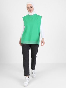 Bisiklet Yaka Kolsuz Sweatshirt Orman Yeşili