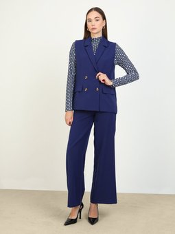 Double Kumaş Düğme Detaylı Lacivert Yelek