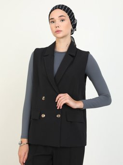 Double Kumaş Düğme Detaylı Siyah Yelek