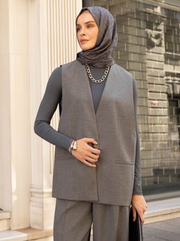 Klasik Kumaş Fleto Cepli Gri Yelek