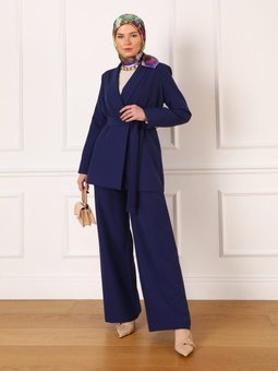 Kuşak Detaylı Şık Ceket Lacivert