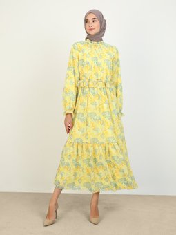 Sarı Desenli Astarlı Şifon Şık Abiye Elbise