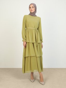 Yağ Yeşili Şifon Kat Kat Abiye Elbise