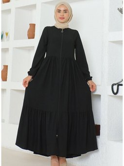 Bürümcük Kumaş Büzgülü Fermuarlı Ferace 1018 03 Siyah
