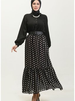 Puantiye Desenli Büzgülü Vual Etek 0343c 01 Siyah