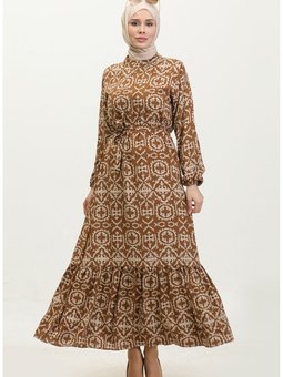 Viskon Desenli Elbise 0362 01 Taba