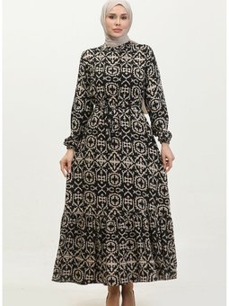 Viskon Desenli Elbise 0362 03 Siyah