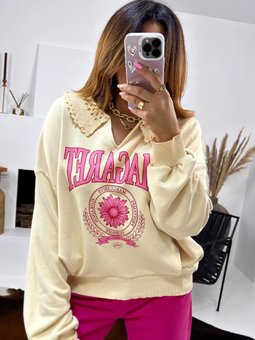 Bej Tığ İşi Yaka Detay Sweat