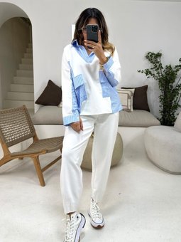 Ekru Mavi Çizgi Gömlek Garnili İnce Sweatshirt