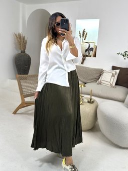 Haki Buruşuk Viskon Saten Uzun Etek
