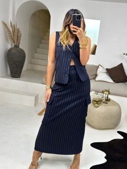 Lacivert Çizgili Kargo Cepli Lastikli Uzun Etek