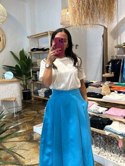 Mavi Pliseli Uzun Etek