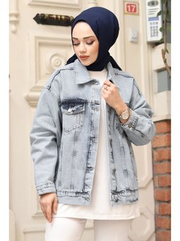 Arkası Baskı Detaylı Kot Mavi Ceket