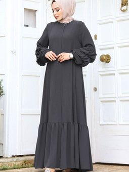 Çift Balon Kol Detaylı Eteği Volanlı Ferace Tsd240247 Antrasit