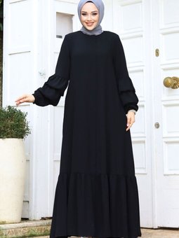 Çift Balon Kol Detaylı Eteği Volanlı Ferace Tsd240247 Siyah
