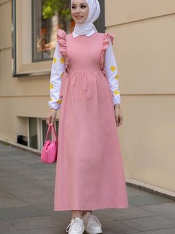 Düz Bisiklet Yaka Pembe Gömlek Elbise 10510