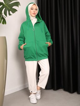 Kanguru Cepli Fermuarlı Yeşil Hırka