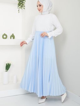 Açık Mavi Piliseli Beli Lastikli Basic Uzun Etek