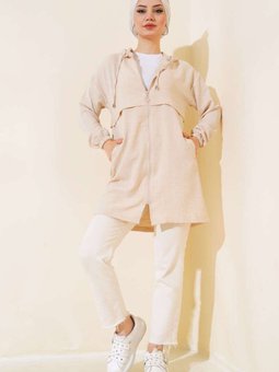 Bej Araboy Kapüşonlu Fermuarlı Keten Kap