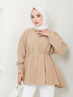 Bej Gömlek Yaka Kalp Detaylı Tunik