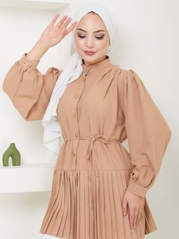Bej Önü Düğmeli Piliseli Prenses Kol Tunik