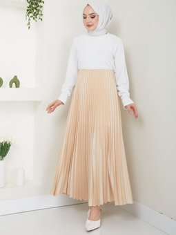 Bej Piliseli Beli Lastikli Basic Uzun Etek
