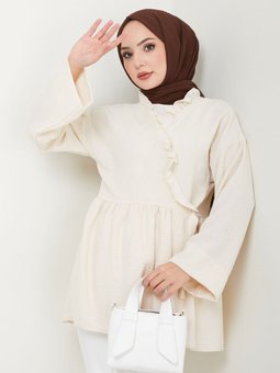 Bej Yaka Fırfırlı Bağlamalı Tunik