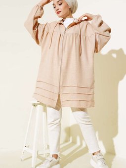 Bej Yarasa Kol Keten Kapüşonlu Kap