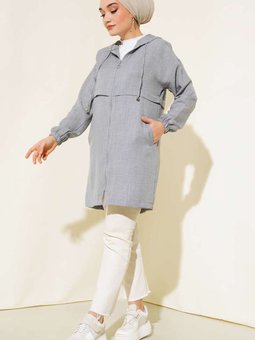 Gri Araboy Kapüşonlu Fermuarlı Keten Kap