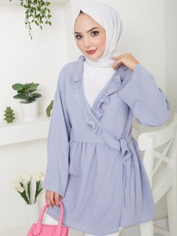 Gri Yaka Fırfırlı Bağlamalı Tunik