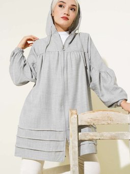 Gri Yarasa Kol Keten Kapüşonlu Kap