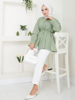 Haki Gömlek Yaka Kalp Detaylı Tunik