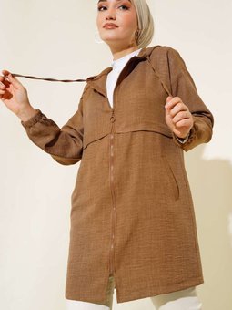 Kahve Araboy Kapüşonlu Fermuarlı Keten Kap